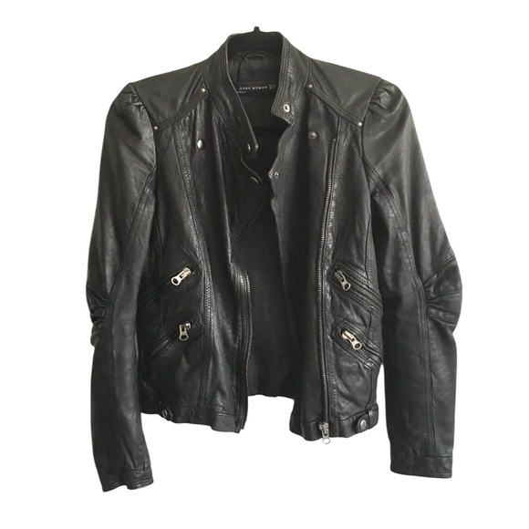 ZARA Leather Asymmetrical Moto Biker Jacket Black XS - Picture 5 of 8